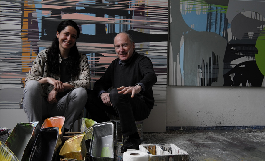Thomas Reinhold und Nina Gospodin gemeinsam im Atelier beim Prater in Wien für die Podcast Aufnahme